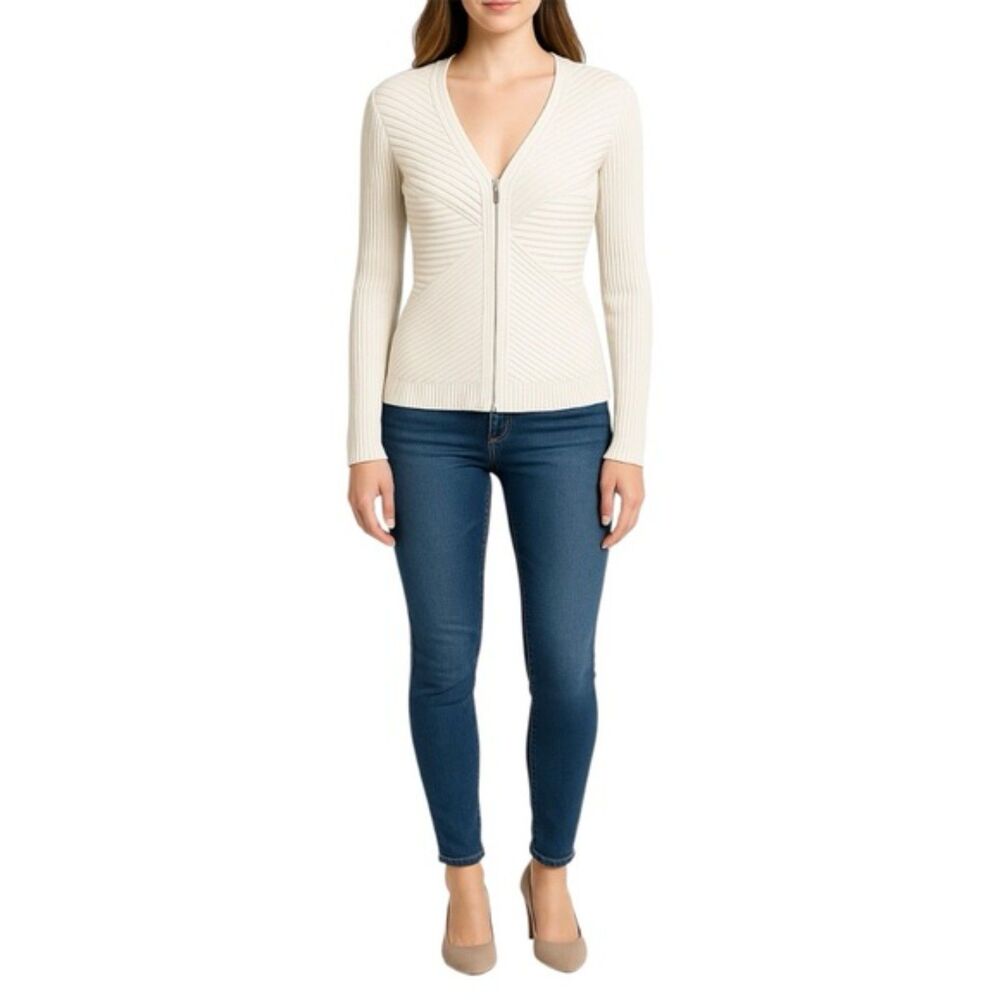 Warnaco Women’s Ribbed Silk Blend Zip-Up Cardigan | Size M